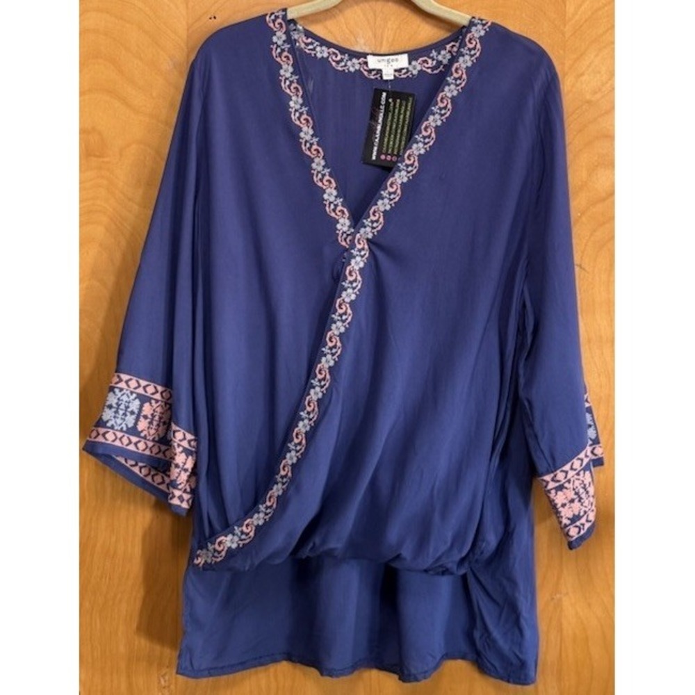 Umgee Womens Wrap Style Embroidered Blouse Split Hem Bell Sleeves Blue Sz L